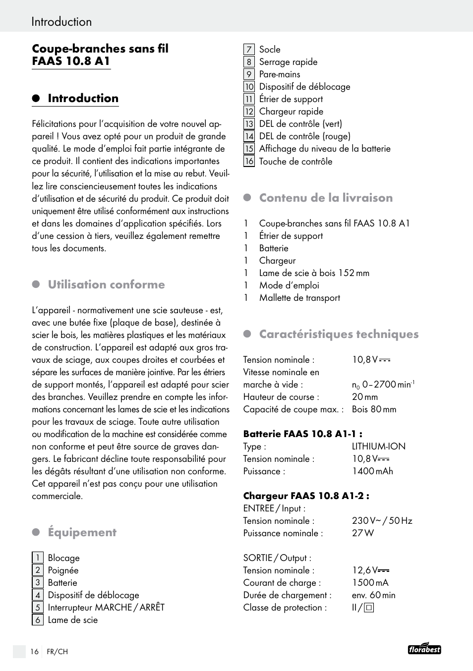 Coupe-branches sans fil faas 10.8 a1 introduction, Utilisation conforme, Équipement | Contenu de la livraison, Caractéristiques techniques | Powerfix FAAS 10.8 A1 User Manual | Page 16 / 44