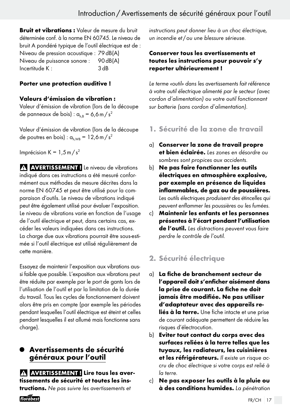 Avertissements de sécurité généraux pour l’outil, Sécurité de la zone de travail, Sécurité électrique | Powerfix FAAS 10.8 A1 User Manual | Page 17 / 44