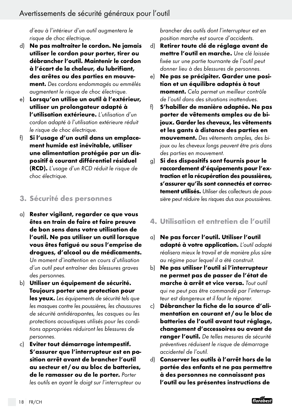 Avertissements de sécurité généraux pour l’outil, Sécurité des personnes, Utilisation et entretien de l’outil | Powerfix FAAS 10.8 A1 User Manual | Page 18 / 44