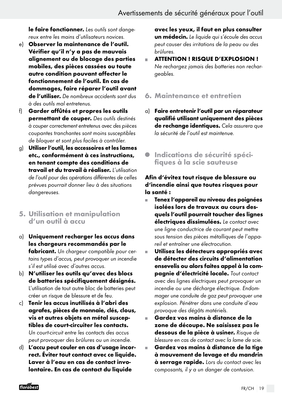 Avertissements de sécurité généraux pour l’outil, Utilisation et manipulation d’un outil à accu, Maintenance et entretien | Powerfix FAAS 10.8 A1 User Manual | Page 19 / 44