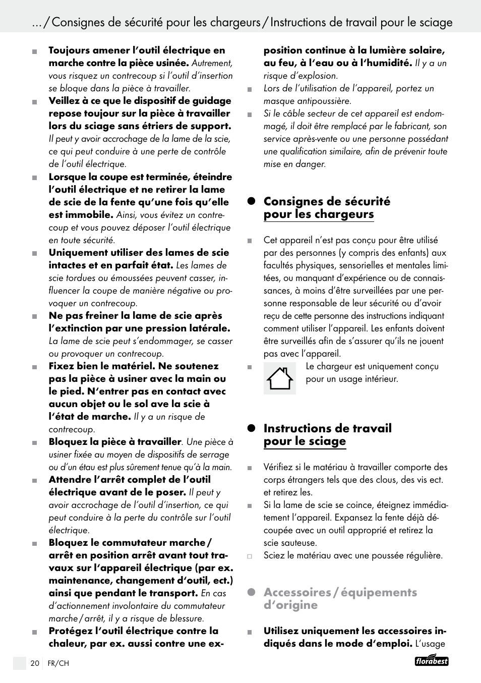 Consignes de sécurité pour les chargeurs, Instructions de travail pour le sciage, Accessoires / équipements d‘origine | Powerfix FAAS 10.8 A1 User Manual | Page 20 / 44