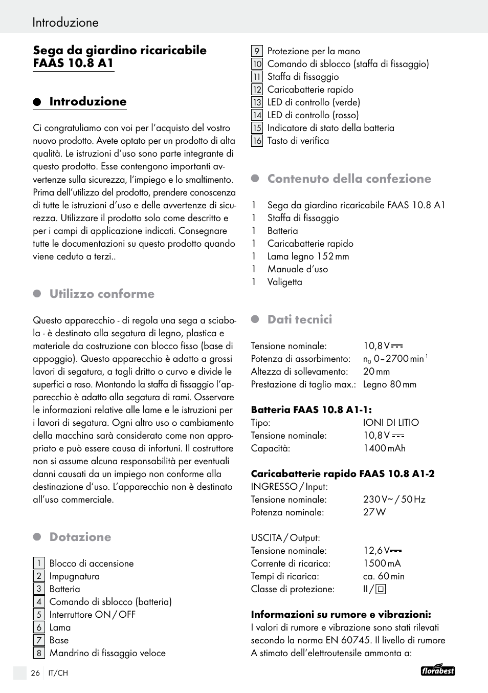 Utilizzo conforme, Dotazione, Contenuto della confezione | Dati tecnici | Powerfix FAAS 10.8 A1 User Manual | Page 26 / 44