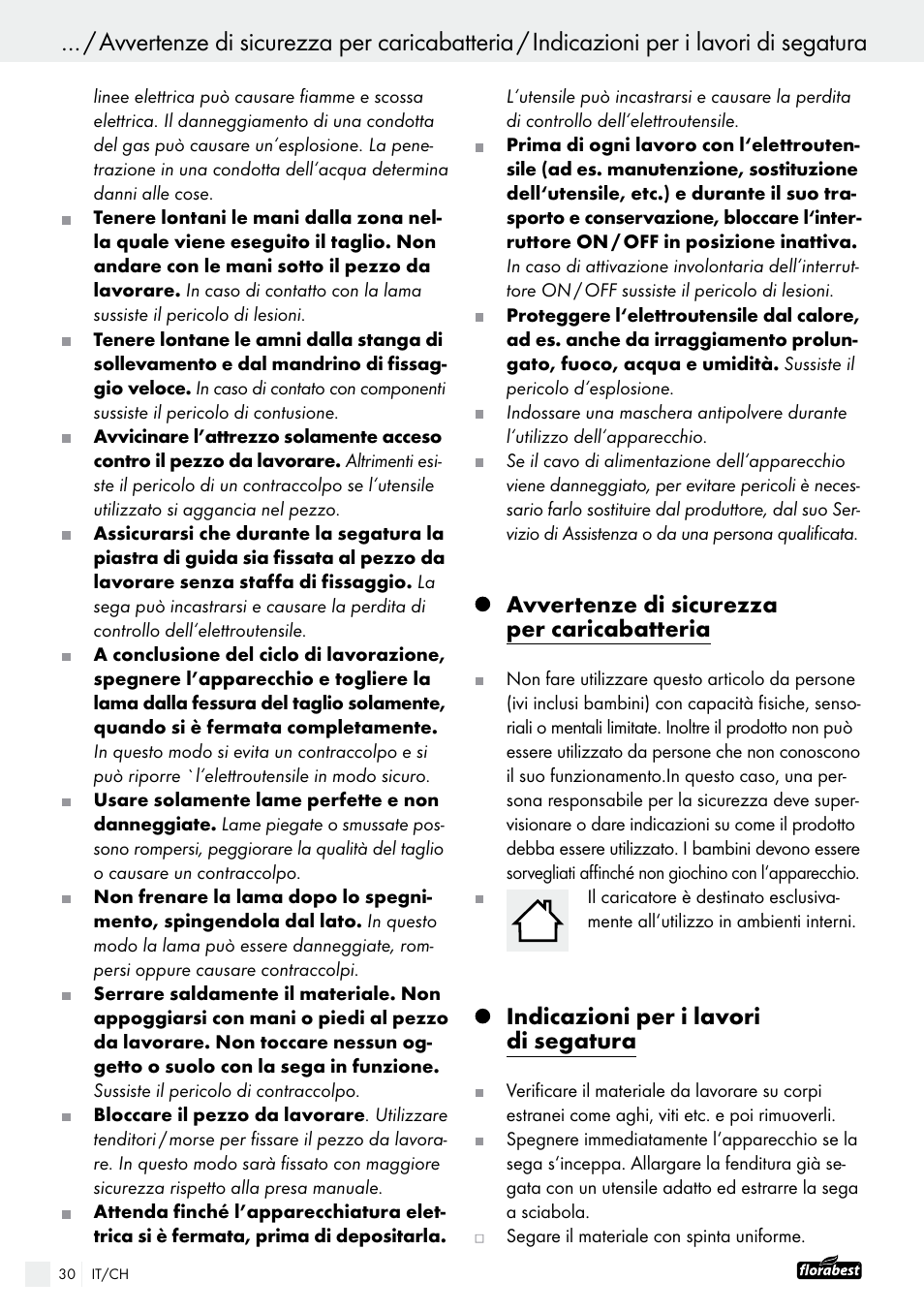 Avvertenze di sicurezza per caricabatteria, Indicazioni per i lavori di segatura | Powerfix FAAS 10.8 A1 User Manual | Page 30 / 44