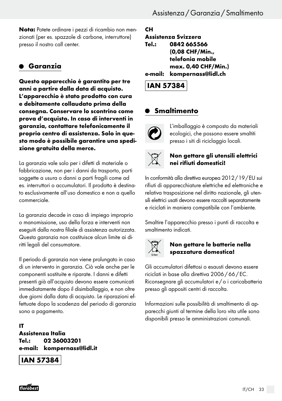 Assistenza / garanzia / smaltimento, Garanzia | Powerfix FAAS 10.8 A1 User Manual | Page 33 / 44