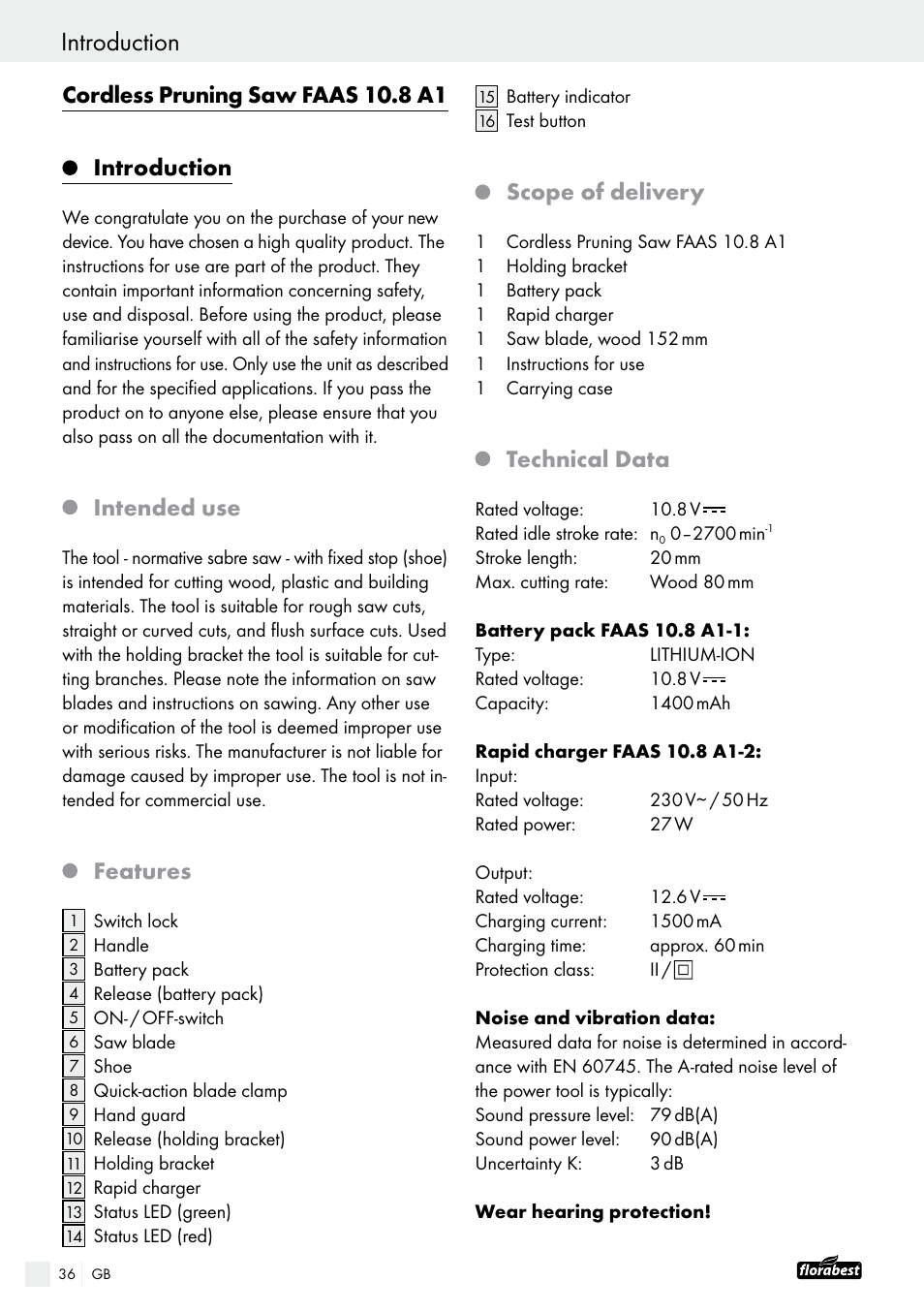 Cordless pruning saw faas 10.8 a1 introduction, Intended use, Features | Scope of delivery, Technical data | Powerfix FAAS 10.8 A1 User Manual | Page 36 / 44