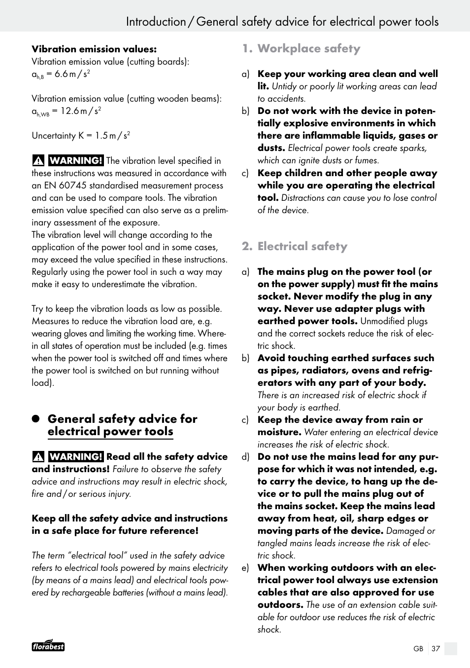 General safety advice for electrical power tools, Workplace safety, Electrical safety | Powerfix FAAS 10.8 A1 User Manual | Page 37 / 44