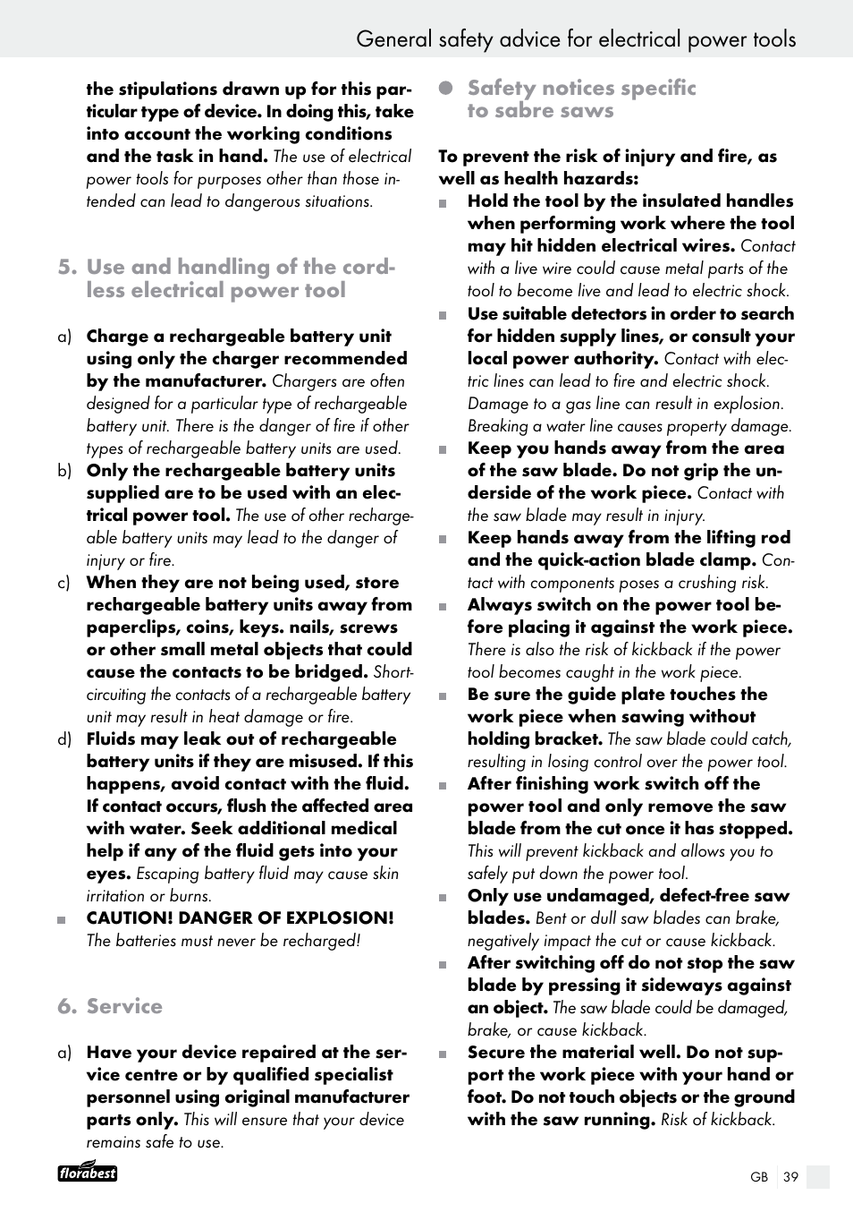 General safety advice for electrical power tools, Service, Safety notices specific to sabre saws | Powerfix FAAS 10.8 A1 User Manual | Page 39 / 44