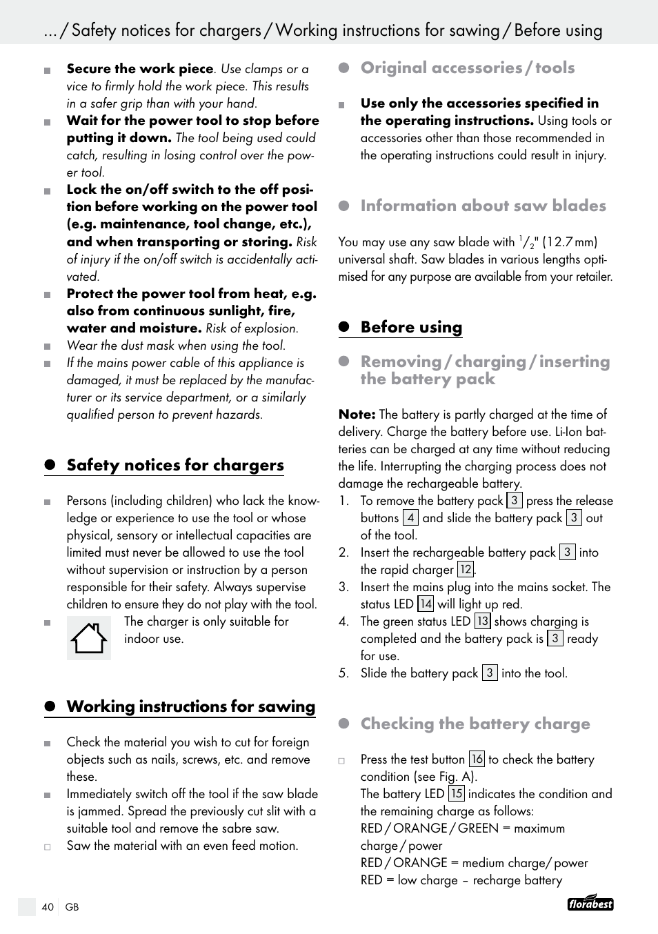 Safety notices for chargers, Working instructions for sawing, Original accessories / tools | Information about saw blades, Before using, Removing / charging / inserting the battery pack, Checking the battery charge | Powerfix FAAS 10.8 A1 User Manual | Page 40 / 44