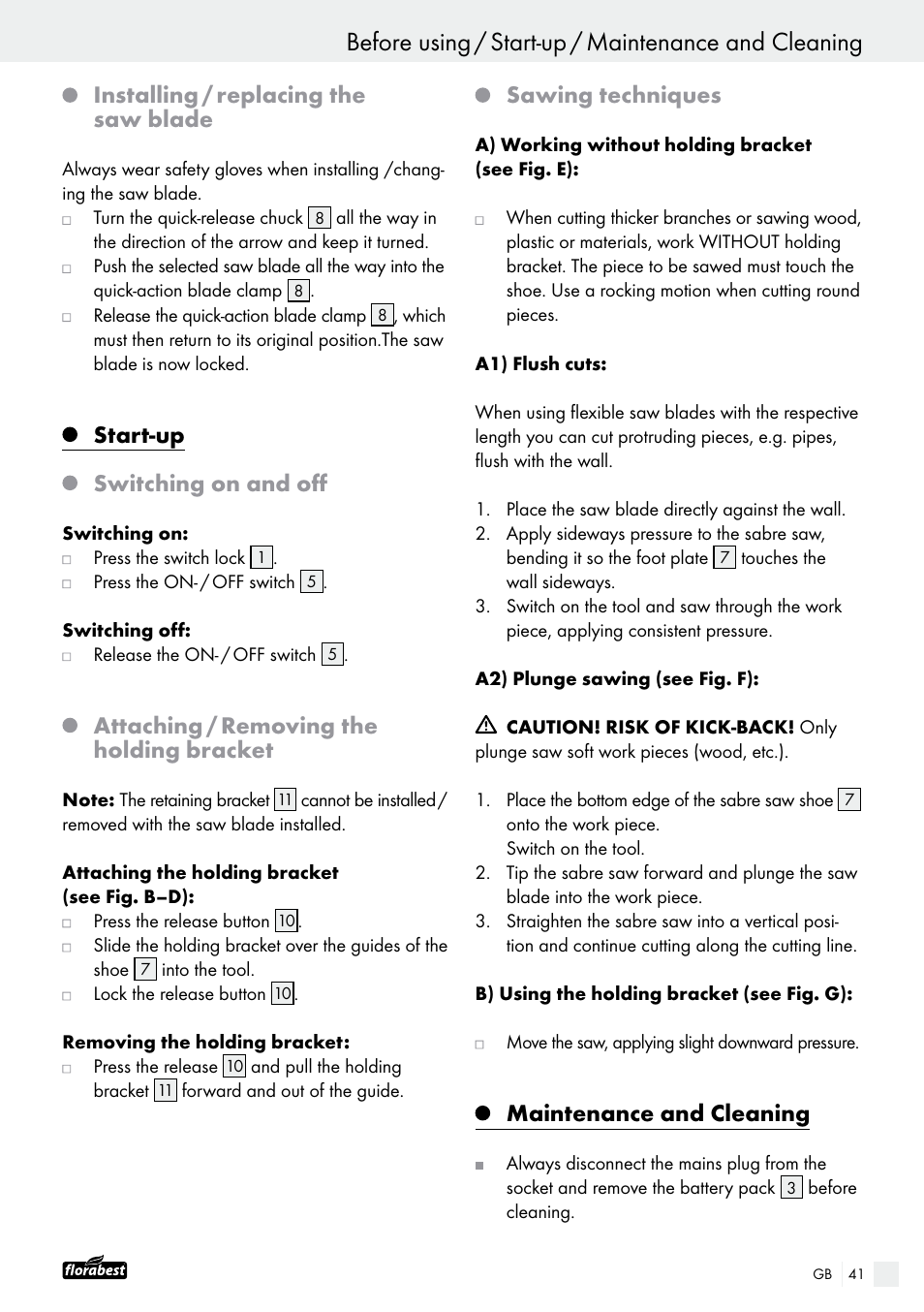 Installing / replacing the saw blade, Start-up, Switching on and off | Attaching / removing the holding bracket, Sawing techniques, Maintenance and cleaning | Powerfix FAAS 10.8 A1 User Manual | Page 41 / 44