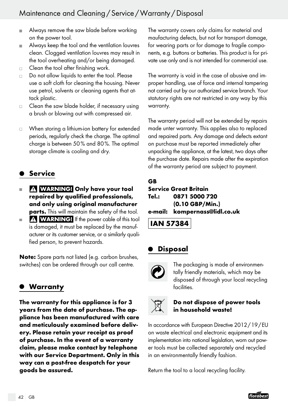 Service, Warranty | Powerfix FAAS 10.8 A1 User Manual | Page 42 / 44