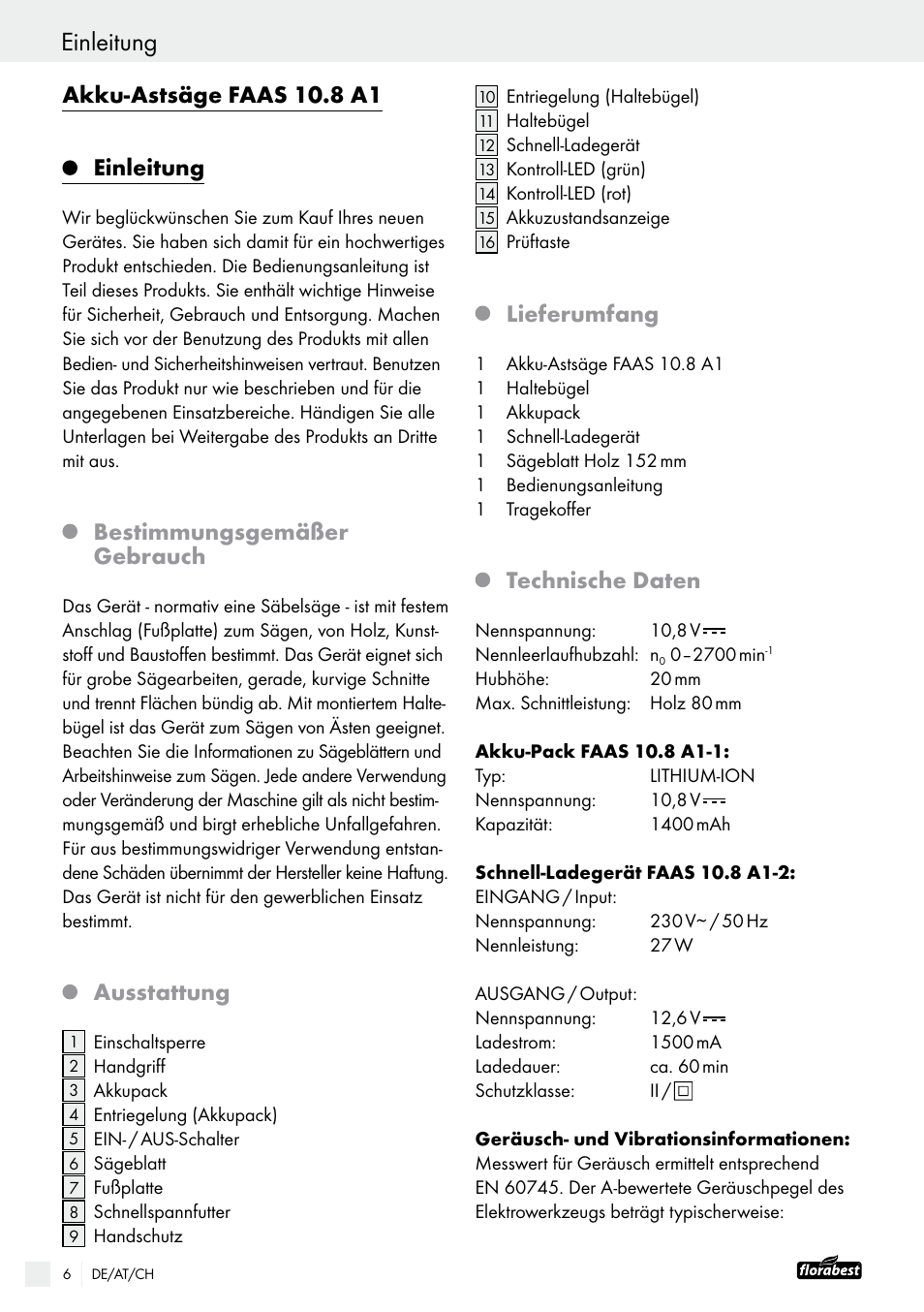 Akku-astsäge faas 10.8 a1, Einleitung, Bestimmungsgemäßer gebrauch | Ausstattung, Lieferumfang, Technische daten | Powerfix FAAS 10.8 A1 User Manual | Page 6 / 44