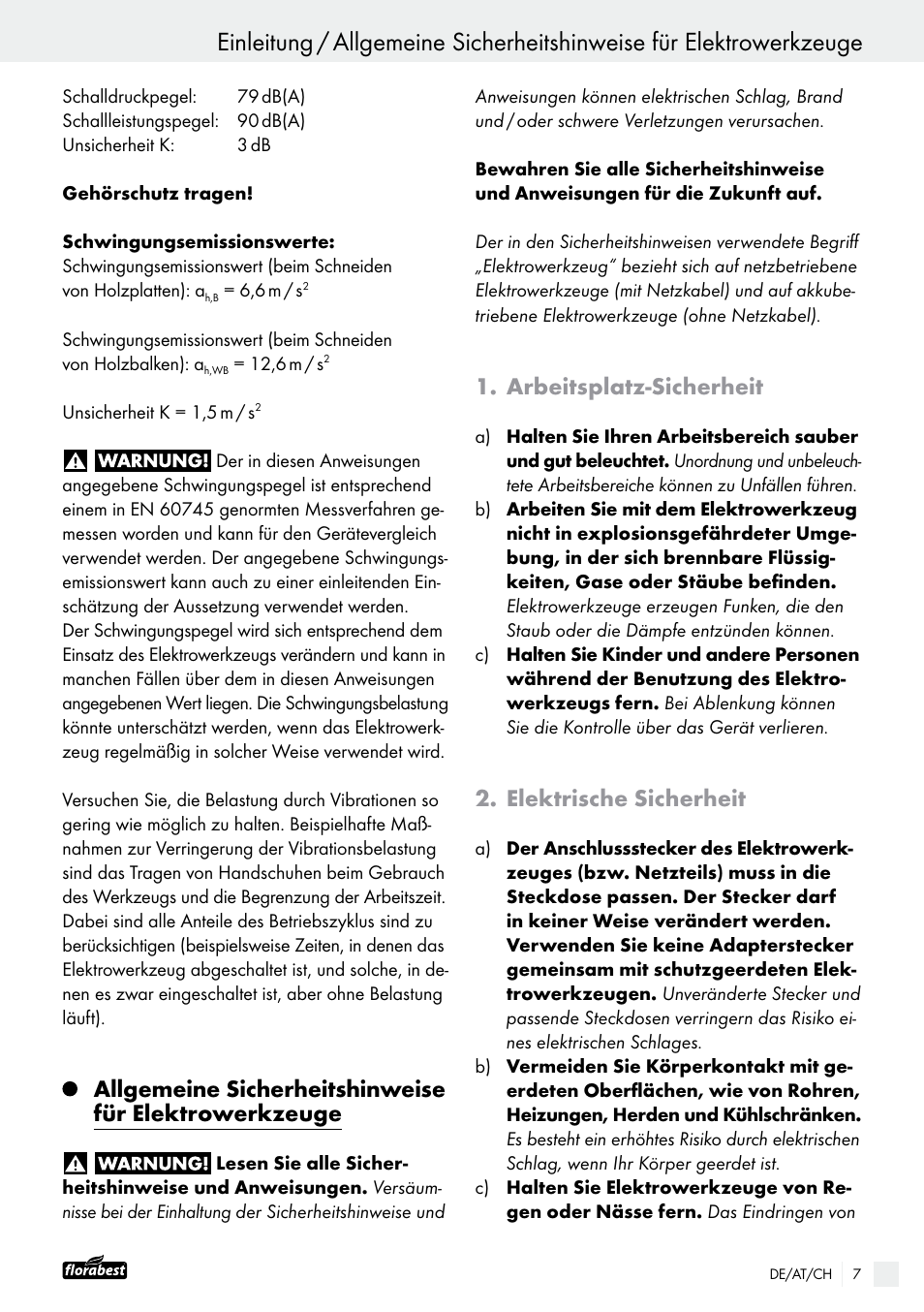 Arbeitsplatz-sicherheit, Elektrische sicherheit | Powerfix FAAS 10.8 A1 User Manual | Page 7 / 44