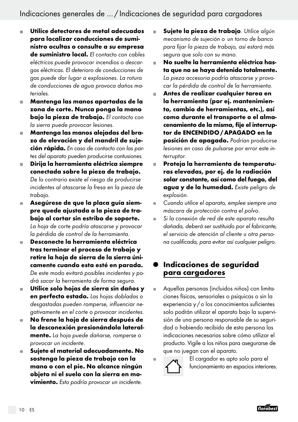 Indicaciones de seguridad para cargadores | Powerfix FAAS 10.8 A1 User Manual | Page 10 / 55