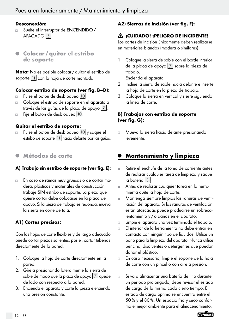 Colocar / quitar el estribo de soporte, Métodos de corte, Mantenimiento y limpieza | Powerfix FAAS 10.8 A1 User Manual | Page 12 / 55