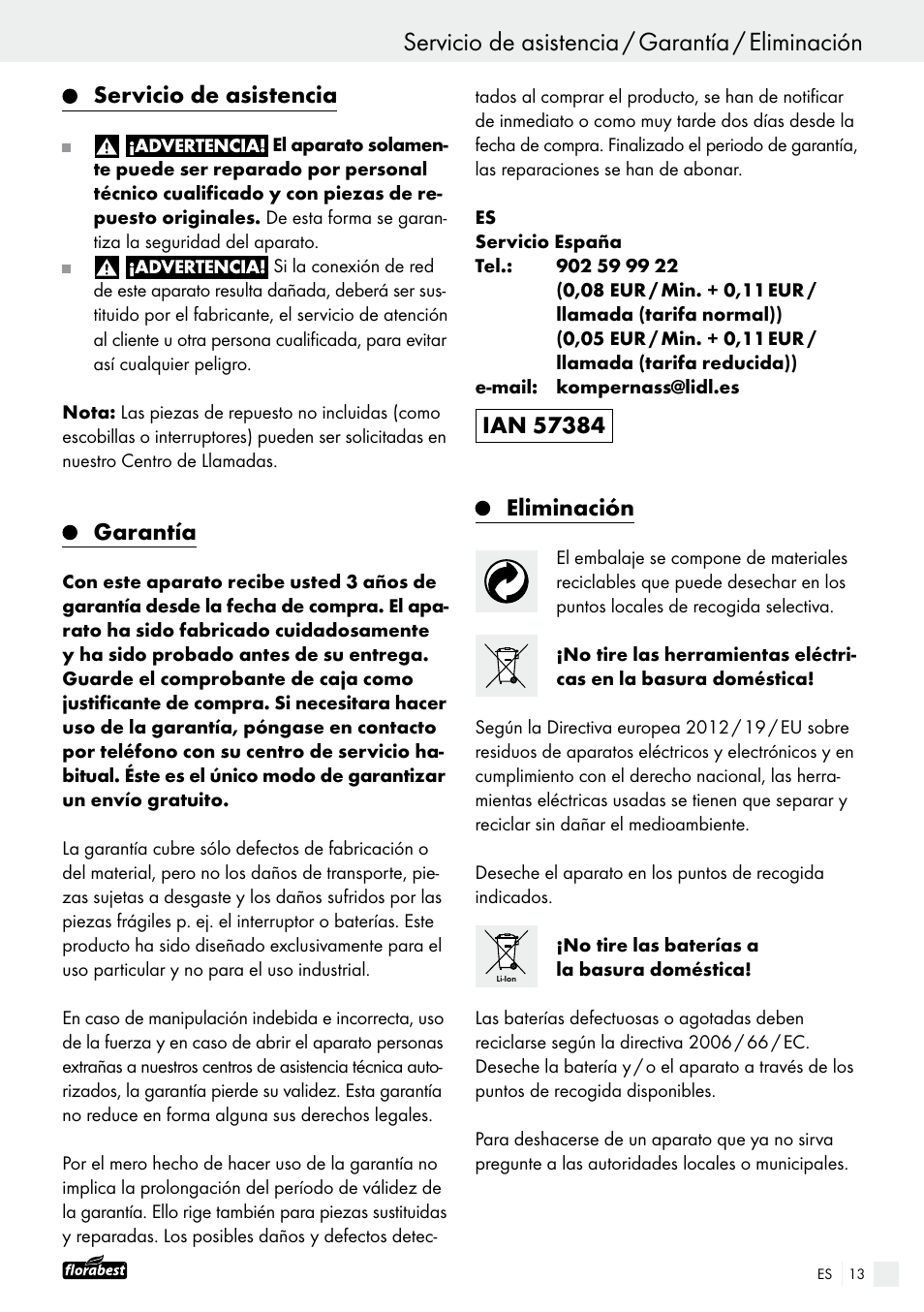 Servicio de asistencia / garantía / eliminación, Servicio de asistencia, Garantía | Powerfix FAAS 10.8 A1 User Manual | Page 13 / 55