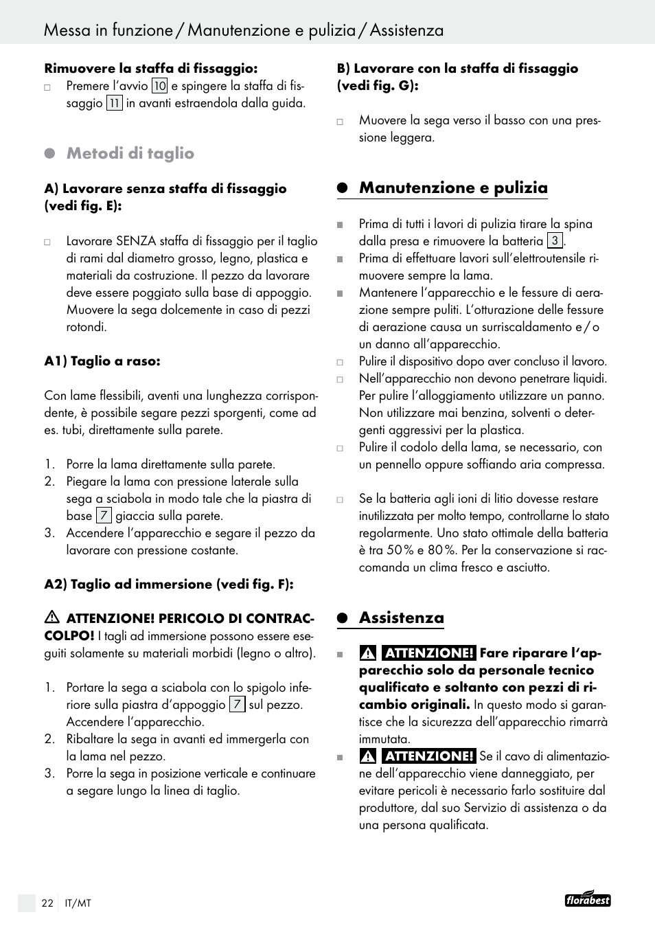 Metodi di taglio, Manutenzione e pulizia, Assistenza | Powerfix FAAS 10.8 A1 User Manual | Page 22 / 55