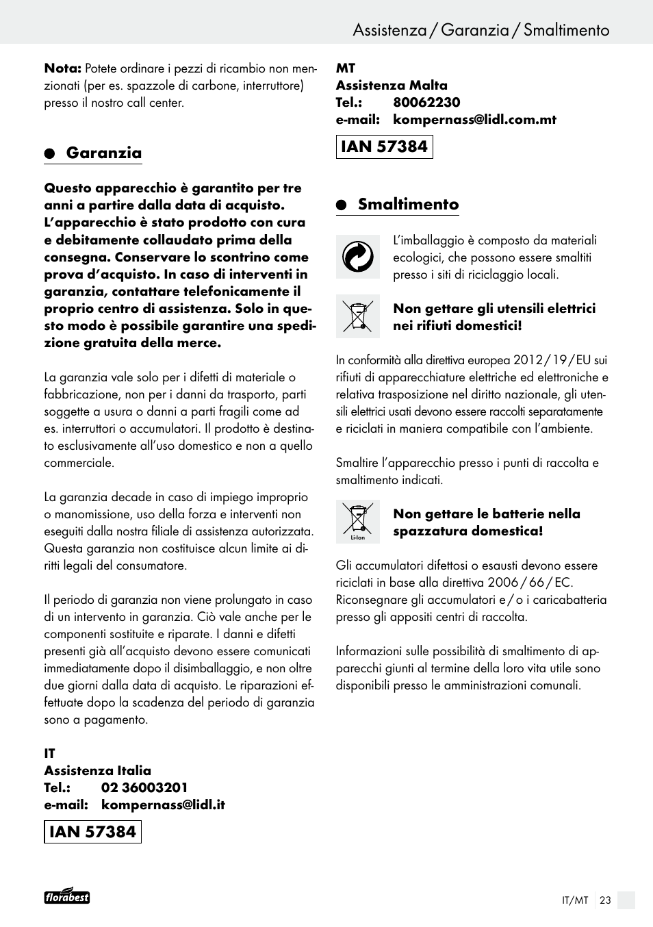 Assistenza / garanzia / smaltimento, Garanzia | Powerfix FAAS 10.8 A1 User Manual | Page 23 / 55