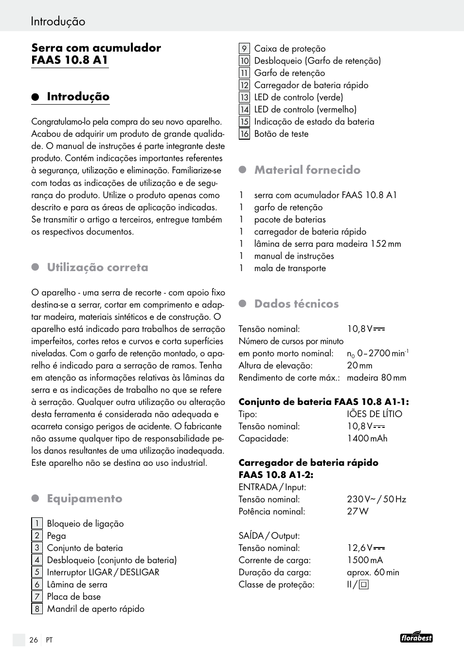 Serra com acumulador faas 10.8 a1 introdução, Utilização correta, Equipamento | Material fornecido, Dados técnicos | Powerfix FAAS 10.8 A1 User Manual | Page 26 / 55