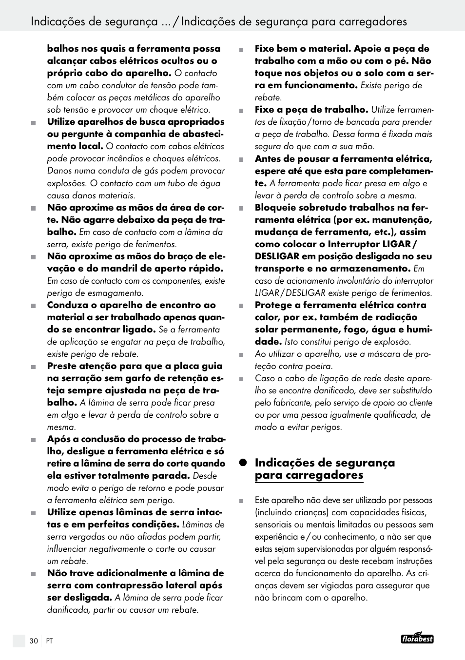 Indicações de segurança para carregadores | Powerfix FAAS 10.8 A1 User Manual | Page 30 / 55