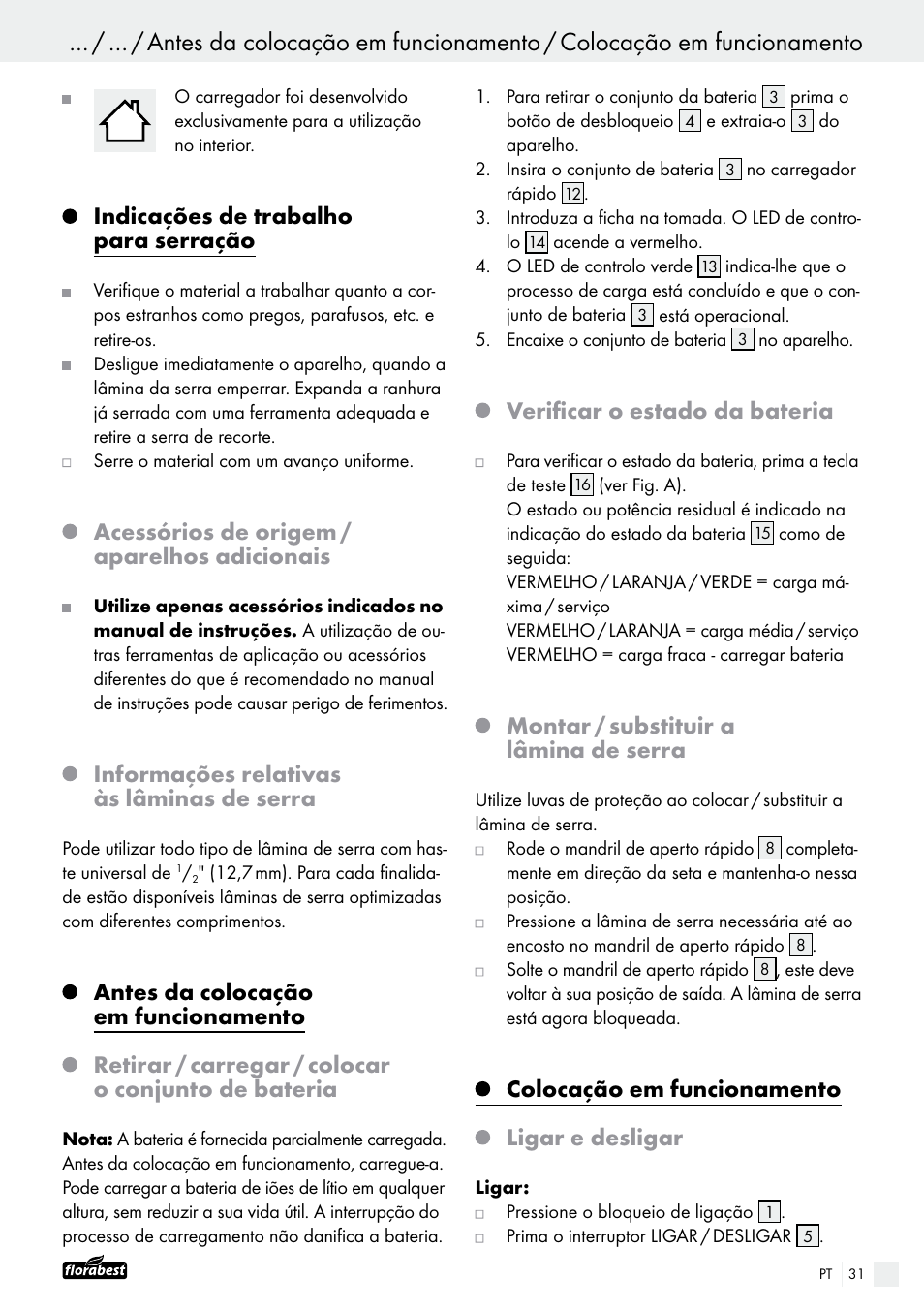 Indicações de trabalho para serração, Acessórios de origem / aparelhos adicionais, Informações relativas às lâminas de serra | Verificar o estado da bateria, Montar / substituir a lâmina de serra, Colocação em funcionamento ligar e desligar | Powerfix FAAS 10.8 A1 User Manual | Page 31 / 55