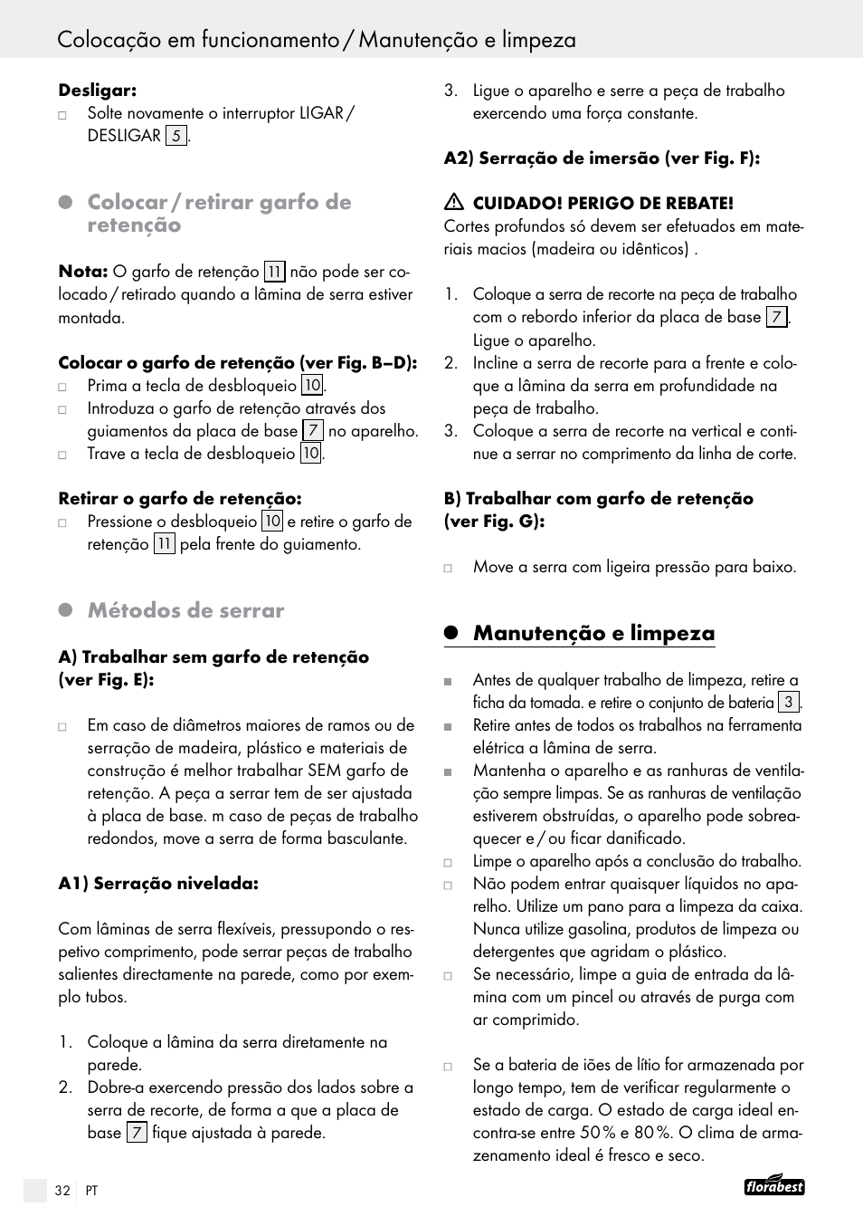 Colocar / retirar garfo de retenção, Métodos de serrar, Manutenção e limpeza | Powerfix FAAS 10.8 A1 User Manual | Page 32 / 55