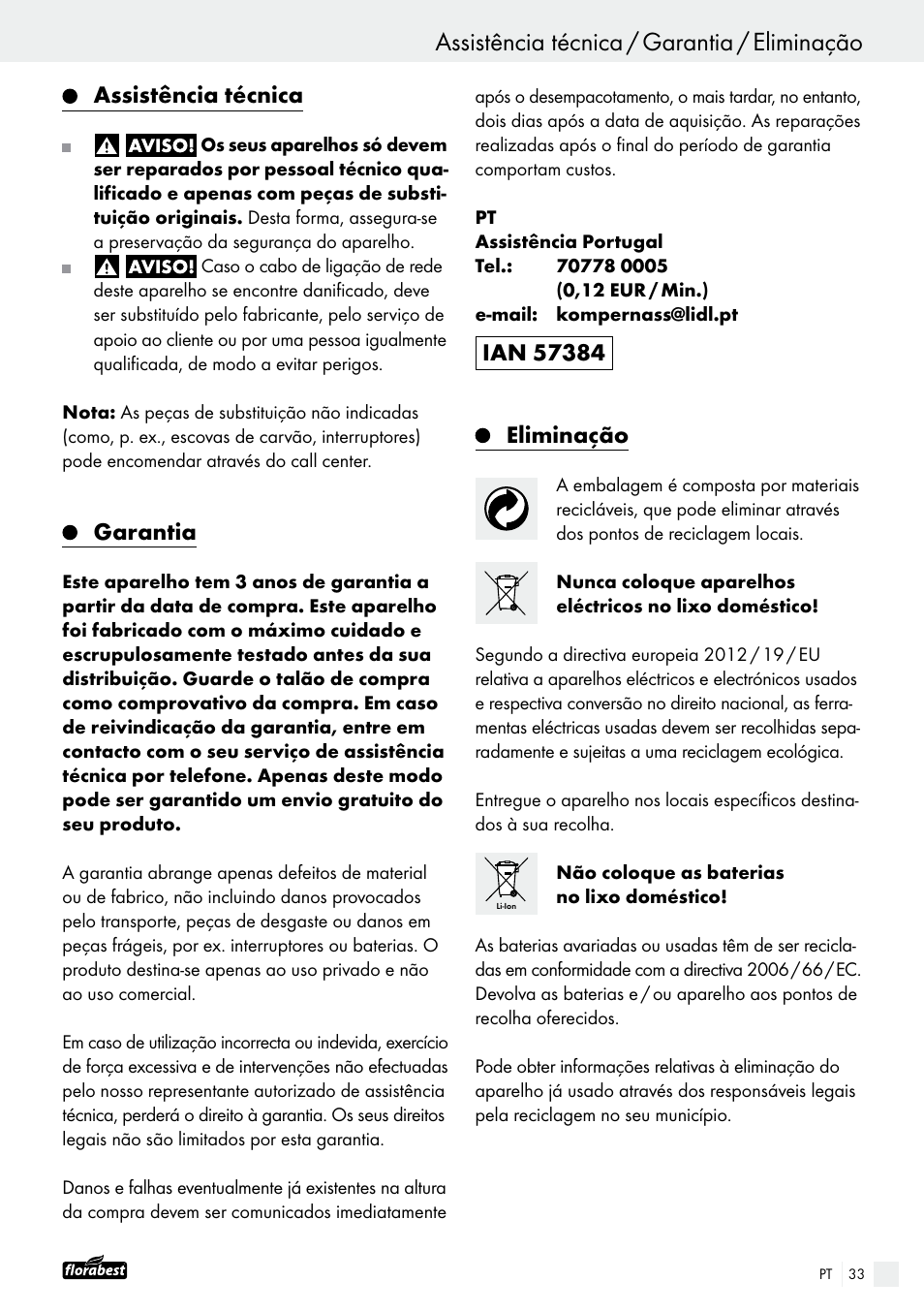 Assistência técnica, Garantia, Eliminação | Powerfix FAAS 10.8 A1 User Manual | Page 33 / 55