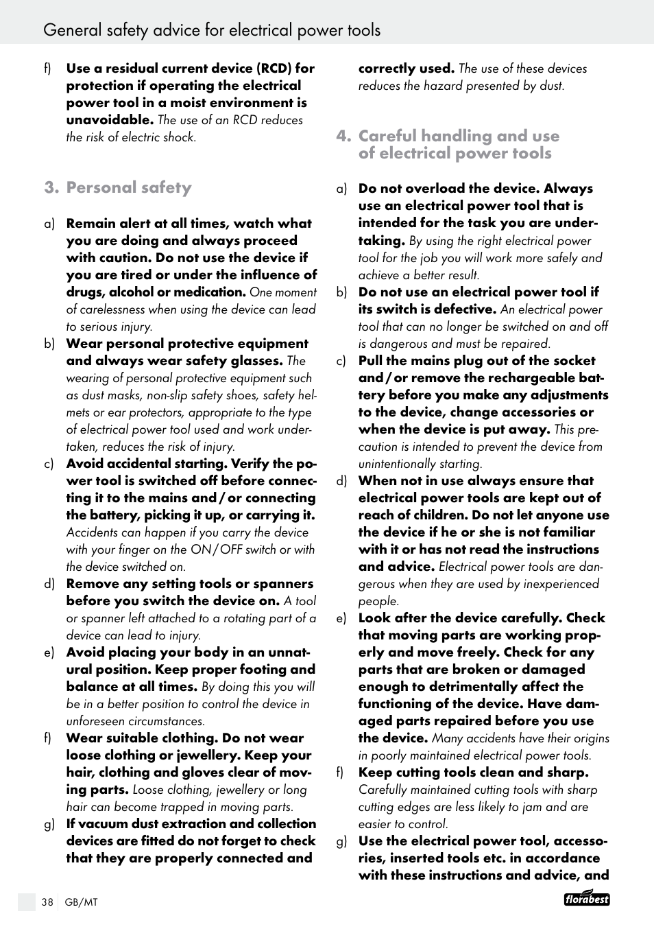 General safety advice for electrical power tools, Personal safety, Careful handling and use of electrical power tools | Powerfix FAAS 10.8 A1 User Manual | Page 38 / 55