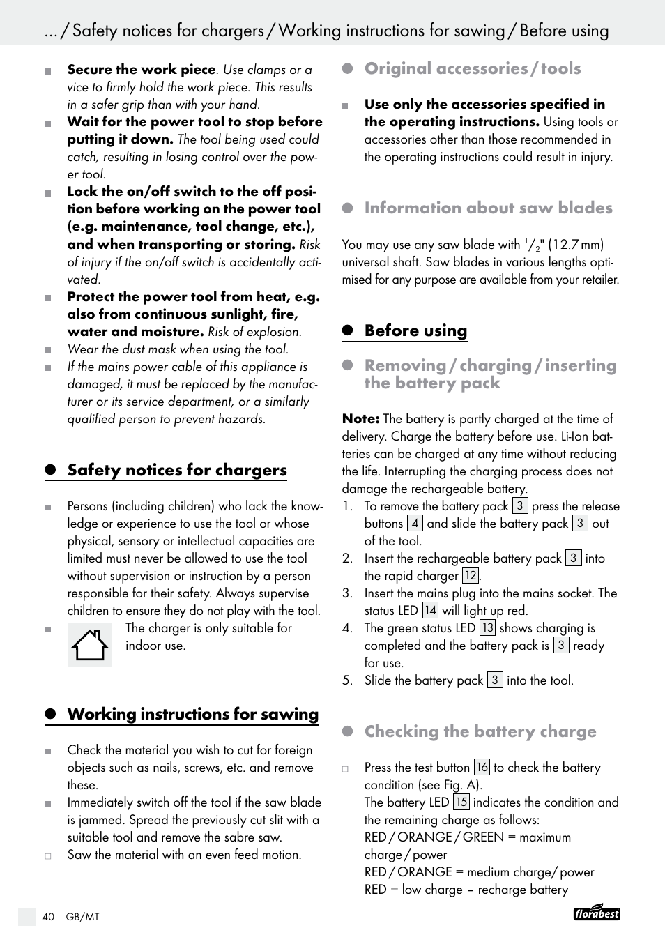 Safety notices for chargers, Working instructions for sawing, Original accessories / tools | Information about saw blades, Before using, Removing / charging / inserting the battery pack, Checking the battery charge | Powerfix FAAS 10.8 A1 User Manual | Page 40 / 55