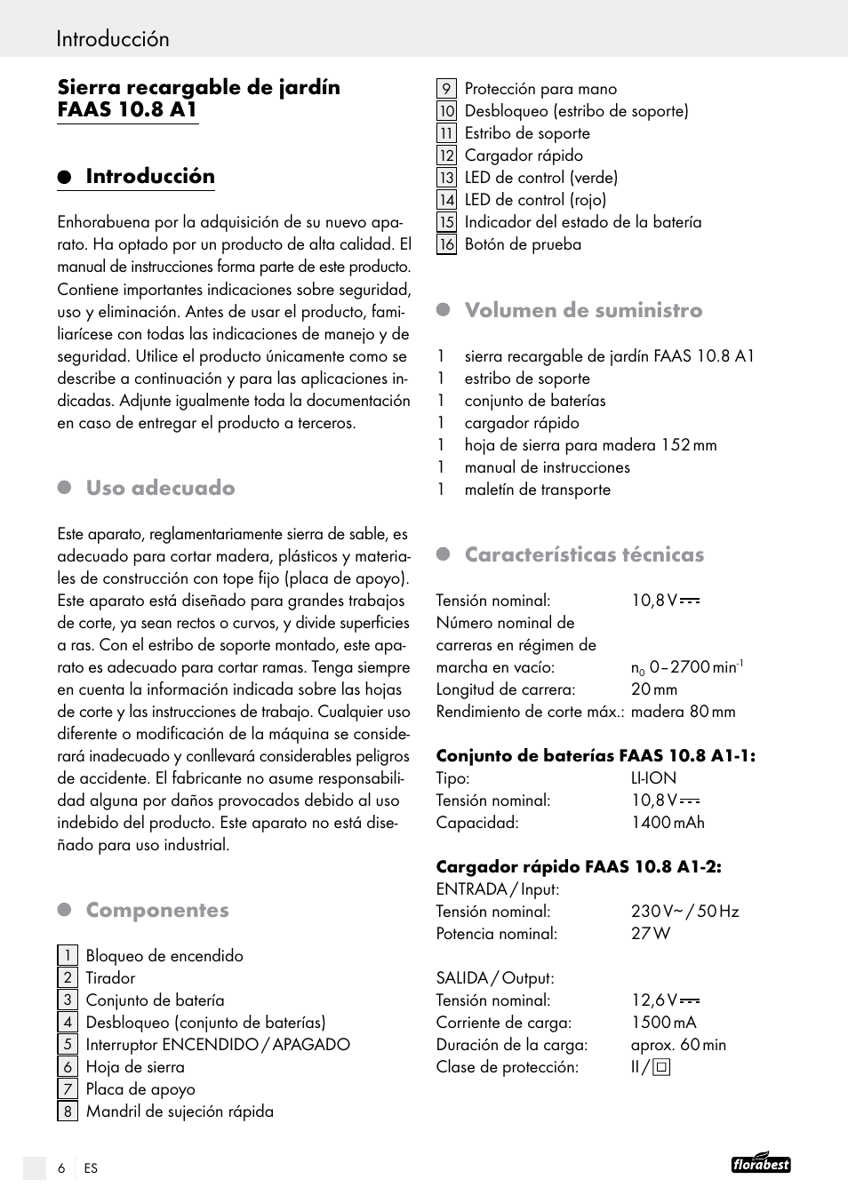 Sierra recargable de jardín faas 10.8 a1, Introducción, Uso adecuado | Componentes, Volumen de suministro, Características técnicas | Powerfix FAAS 10.8 A1 User Manual | Page 6 / 55