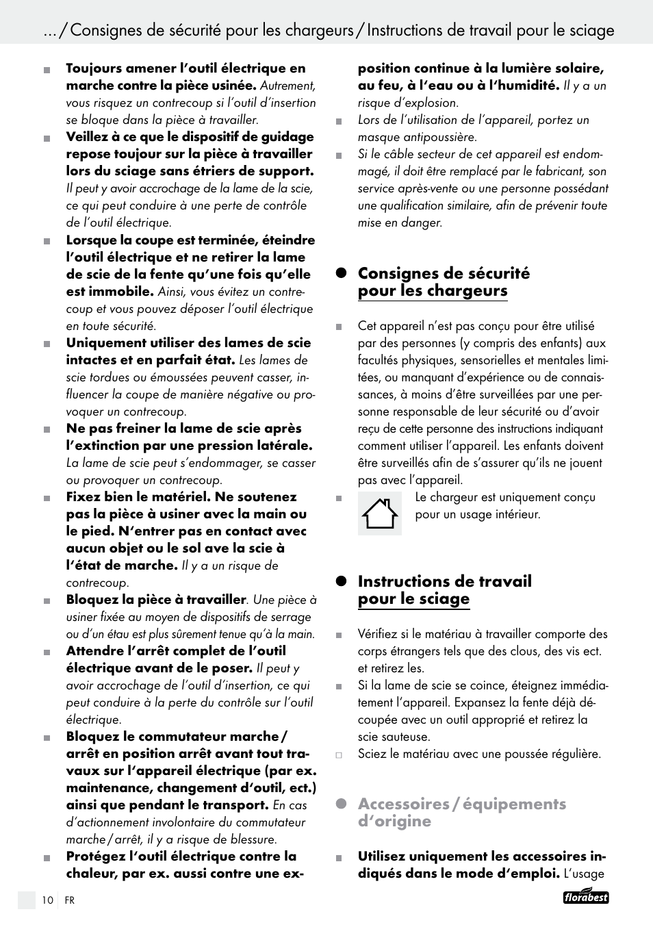 Consignes de sécurité pour les chargeurs, Instructions de travail pour le sciage, Accessoires / équipements d‘origine | Powerfix FAAS 10.8 A1 User Manual | Page 10 / 34