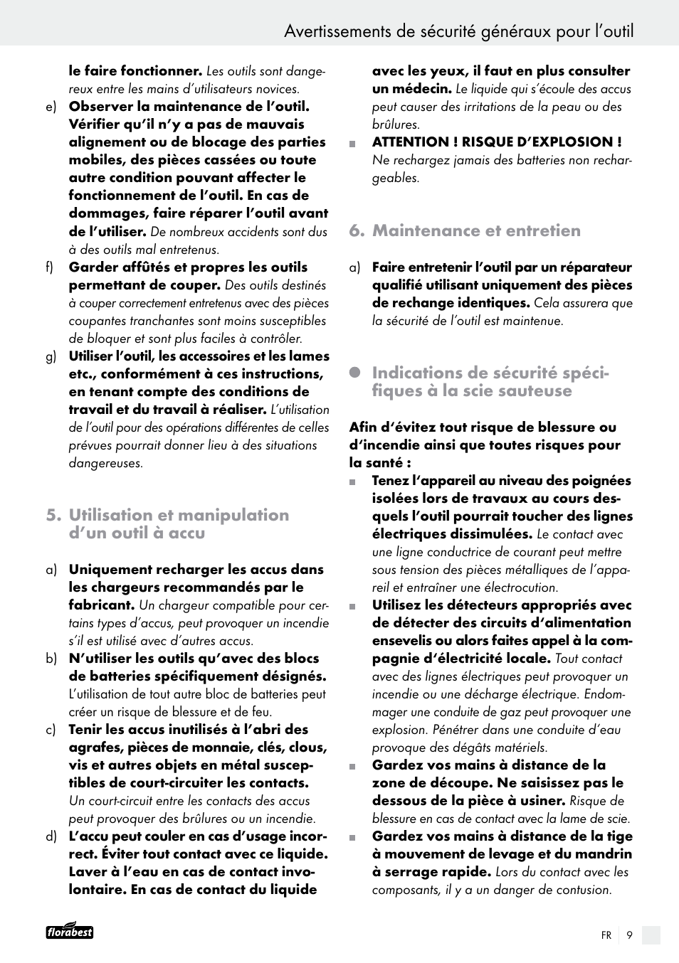 Avertissements de sécurité généraux pour l’outil, Utilisation et manipulation d’un outil à accu, Maintenance et entretien | Powerfix FAAS 10.8 A1 User Manual | Page 9 / 34