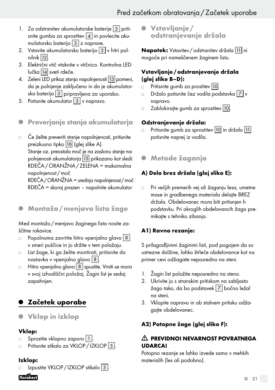 Preverjanje stanja akumulatorja, Montaža / menjava lista žage, Začetek uporabe | Vklop in izklop, Vstavljanje / odstranjevanje držala, Metode žaganja | Powerfix FAAS 10.8 A1 User Manual | Page 21 / 55