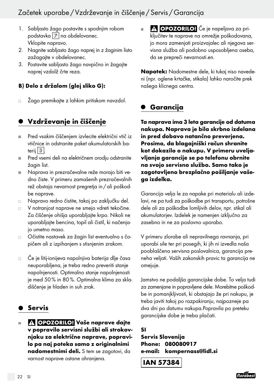 Vzdrževanje in čiščenje, Servis, Garancija | Powerfix FAAS 10.8 A1 User Manual | Page 22 / 55