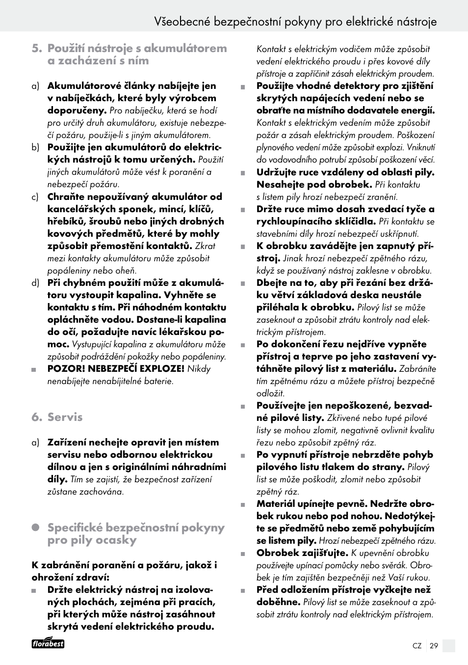 Použití nástroje s akumulátorem a zacházení s ním, Servis, Specifické bezpečnostní pokyny pro pily ocasky | Powerfix FAAS 10.8 A1 User Manual | Page 29 / 55