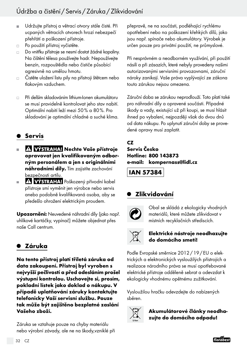 Údržba a čistění / servis / záruka / zlikvidování, Servis, Záruka | Zlikvidování | Powerfix FAAS 10.8 A1 User Manual | Page 32 / 55