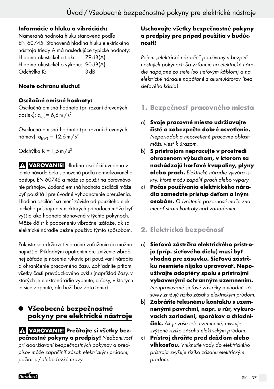 Úvod, Bezpečnosť pracovného miesta, Elektrická bezpečnosť | Powerfix FAAS 10.8 A1 User Manual | Page 37 / 55