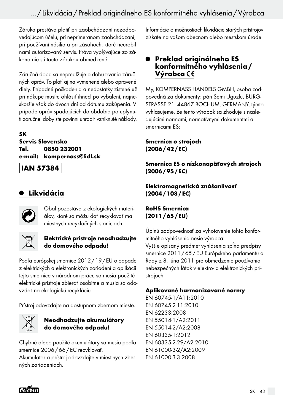 Likvidácia | Powerfix FAAS 10.8 A1 User Manual | Page 43 / 55