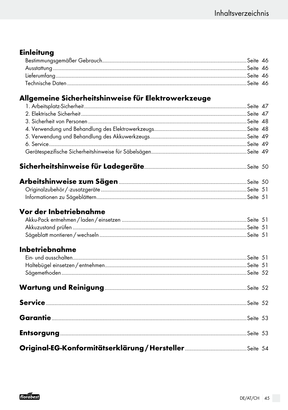 Einleitung, Sicherheitshinweise für ladegeräte, Arbeitshinweise zum sägen | Vor der inbetriebnahme, Inbetriebnahme, Wartung und reinigung, Service, Garantie, Entsorgung, Original-eg-konformitätserklärung / hersteller | Powerfix FAAS 10.8 A1 User Manual | Page 45 / 55