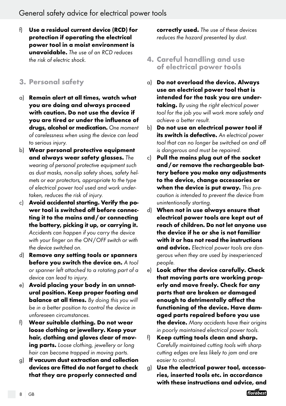 General safety advice for electrical power tools, Personal safety, Careful handling and use of electrical power tools | Powerfix FAAS 10.8 A1 User Manual | Page 8 / 55