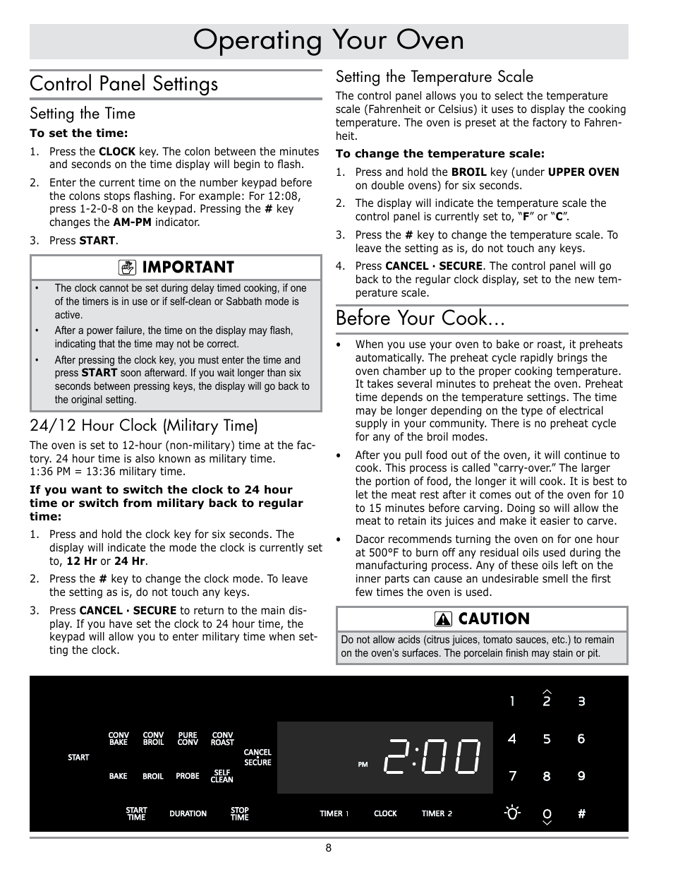 Operating your oven, Control panel settings, Before your cook | Setting the time, Important, 24/12 hour clock (military time), Setting the temperature scale, Caution | Dacor MORD230 User Manual | Page 10 / 36