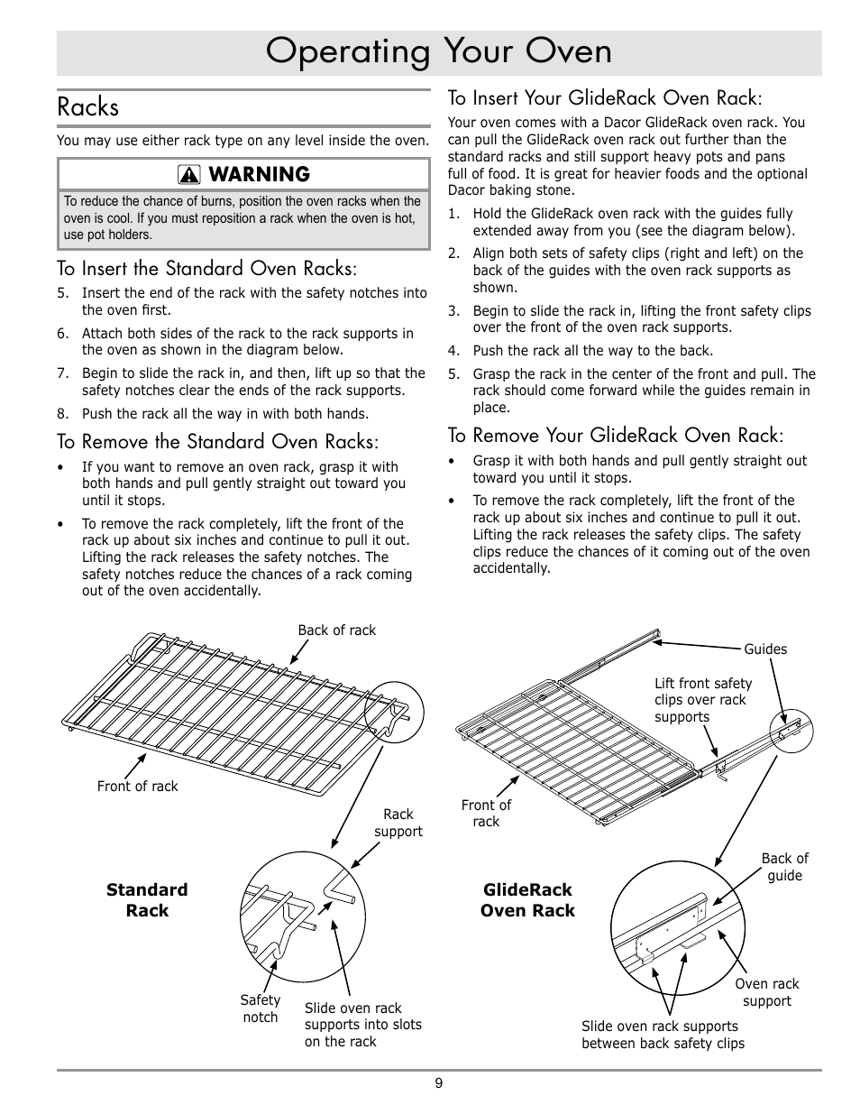 Operating your oven, Racks, Warning | Dacor MORD230 User Manual | Page 11 / 36