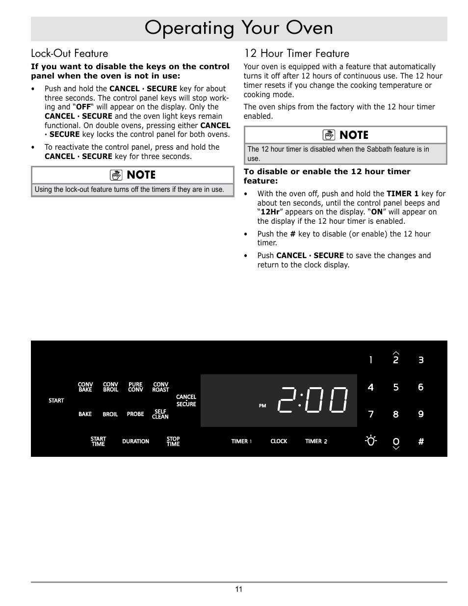 Operating your oven, Lock-out feature, 12 hour timer feature | Dacor MORD230 User Manual | Page 13 / 36