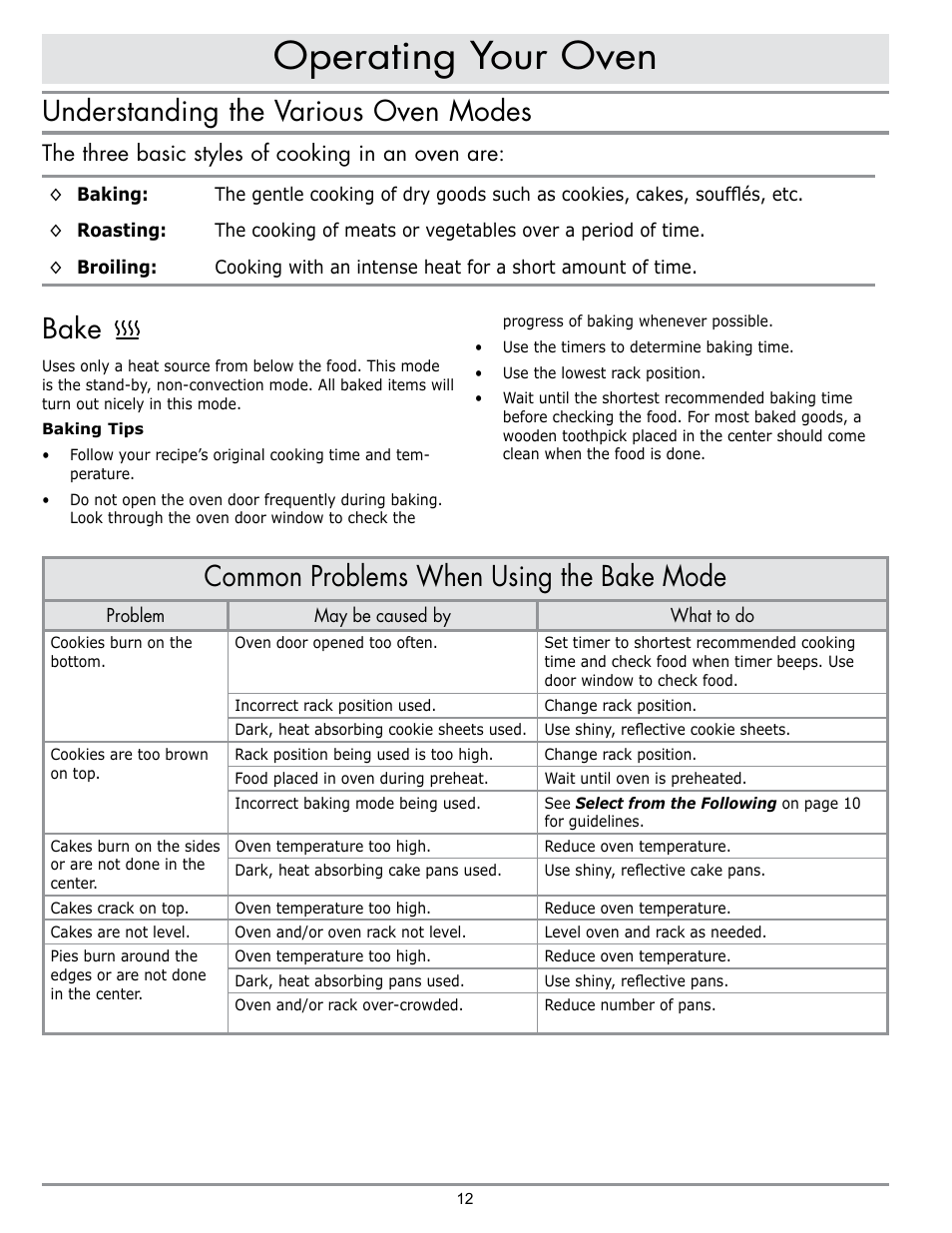 Operating your oven, Common problems when using the bake mode, Understanding the various oven modes | Bake, The three basic styles of cooking in an oven are | Dacor MORD230 User Manual | Page 14 / 36