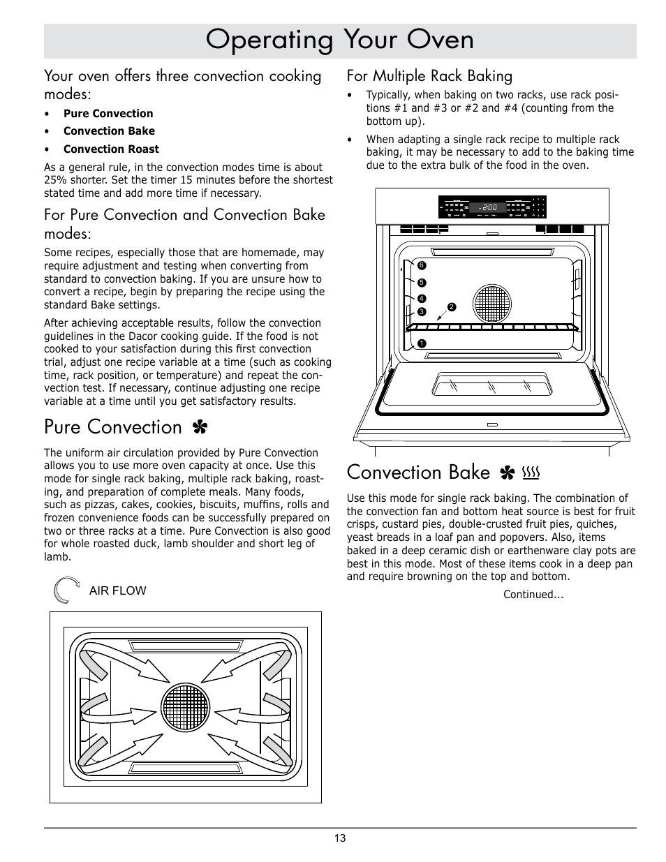 Operating your oven, Pure convection, Convection bake | Your oven offers three convection cooking modes, For pure convection and convection bake modes, For multiple rack baking | Dacor MORD230 User Manual | Page 15 / 36