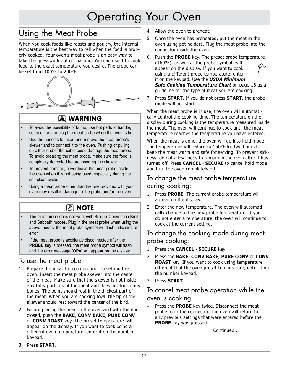 Operating your oven, Using the meat probe, Warning | Dacor MORD230 User Manual | Page 19 / 36