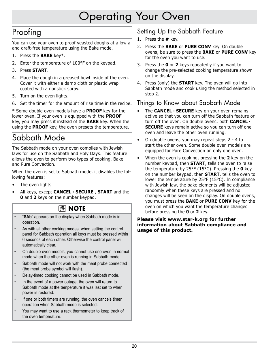 Operating your oven, Proofing, Sabbath mode | Setting up the sabbath feature, Things to know about sabbath mode | Dacor MORD230 User Manual | Page 22 / 36