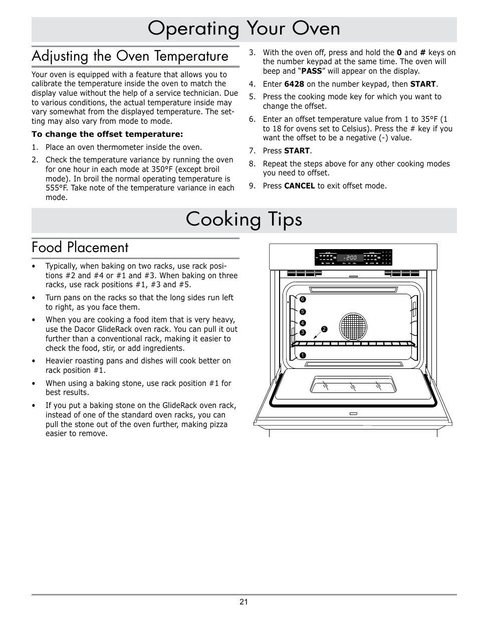 Operating your oven cooking tips, Food placement, Adjusting the oven temperature | Dacor MORD230 User Manual | Page 23 / 36