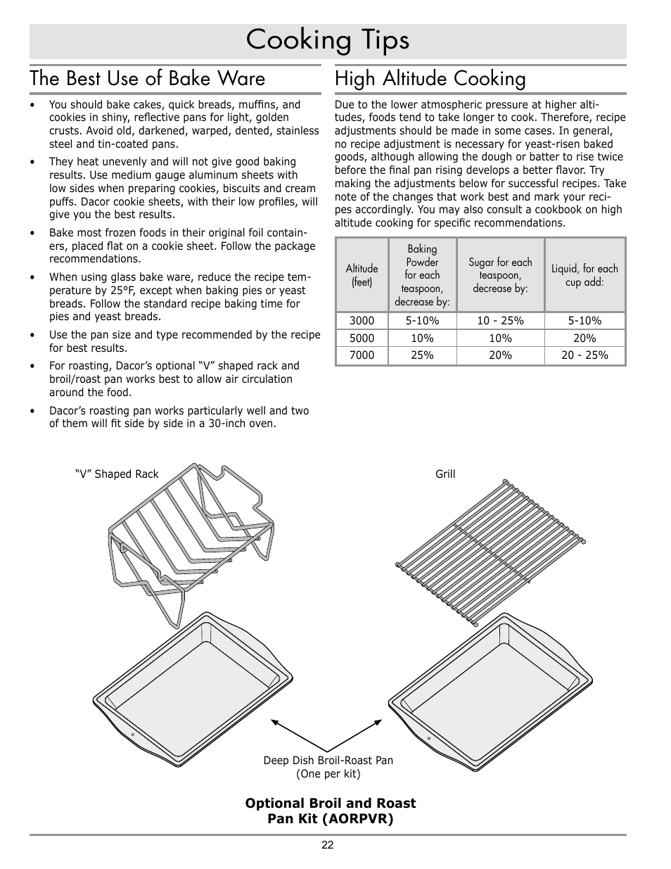 Cooking tips, The best use of bake ware, High altitude cooking | Dacor MORD230 User Manual | Page 24 / 36