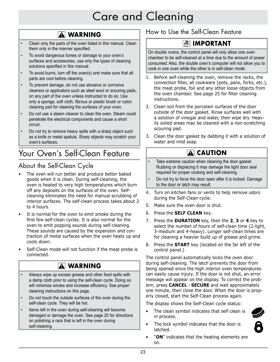 Care and cleaning, Your oven’s self-clean feature, Warning | About the self-clean cycle, How to use the self-clean feature important, Caution | Dacor MORD230 User Manual | Page 25 / 36