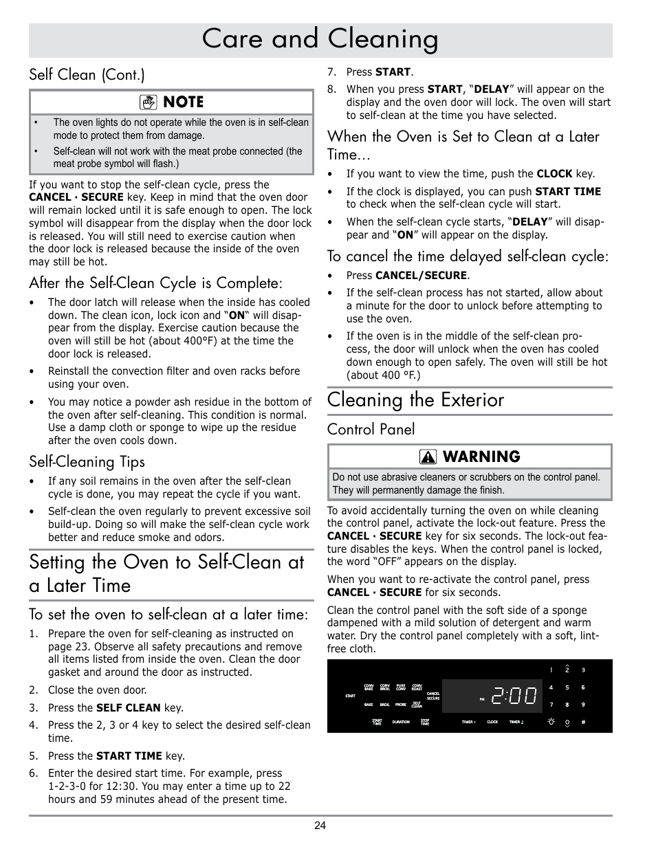 Care and cleaning, Setting the oven to self-clean at a later time, Cleaning the exterior | After the self-clean cycle is complete, Self-cleaning tips, When the oven is set to clean at a later time, Control panel warning | Dacor MORD230 User Manual | Page 26 / 36